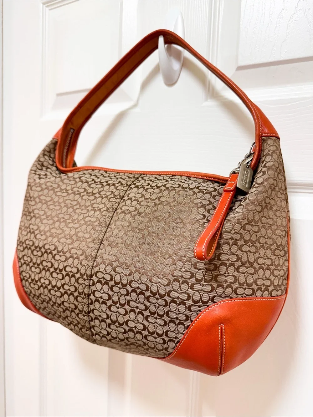 Coach Ergo Large Crescent Hobo Bag Brown Monogram Canvas Orange‎ Leather